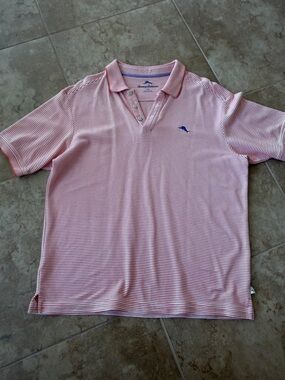 Tommy Bahama orange and white striped polo shirt size large